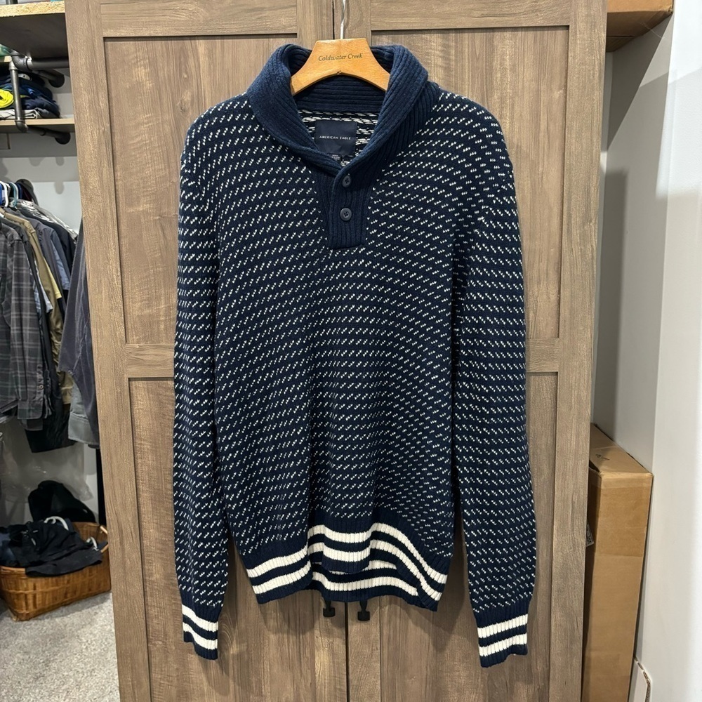 NWT American Eagle Sweater Men’s Medium Cowl Neck Henley Navy Blue Wool Cotton